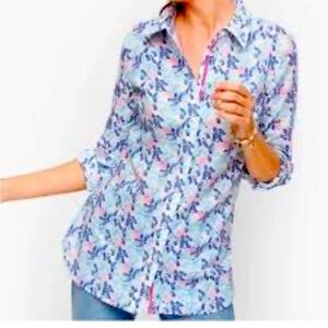 Talbots Blue Floral Fern Long Sleeve Button Up Casual Top Large NWT NEW 🥰